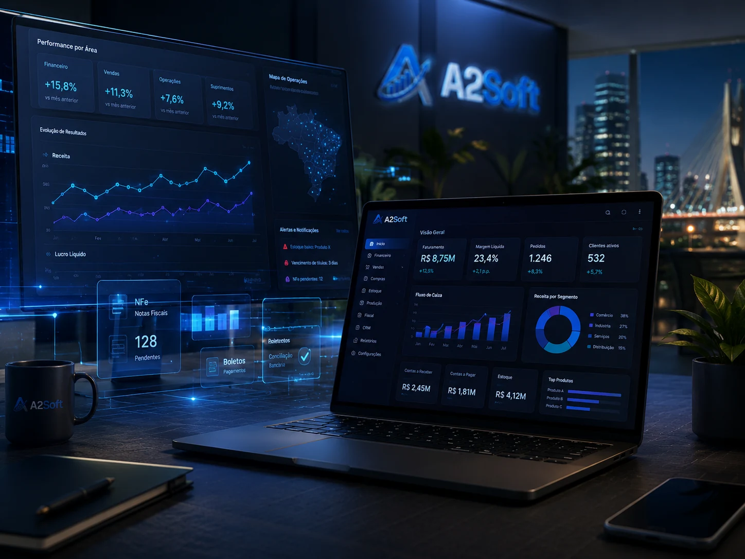 Ambiente de gestão A2Soft com dashboards em tempo real